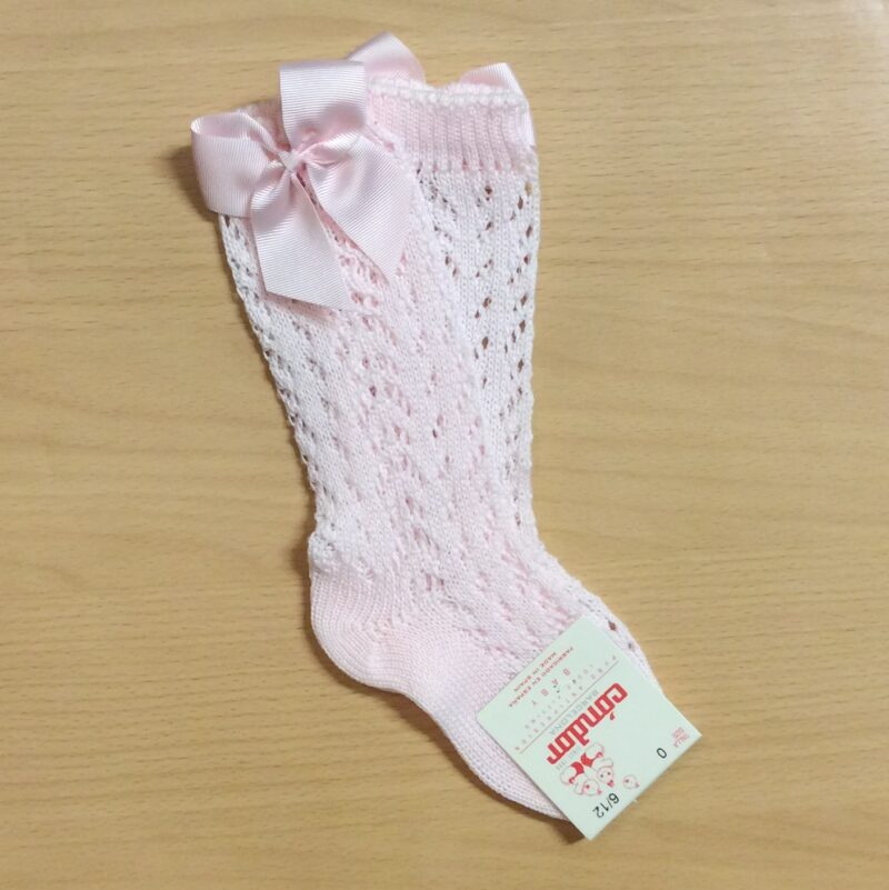 Șosete înalte roz deschis din tricot cu fundiță laterală Condor - imagine 4