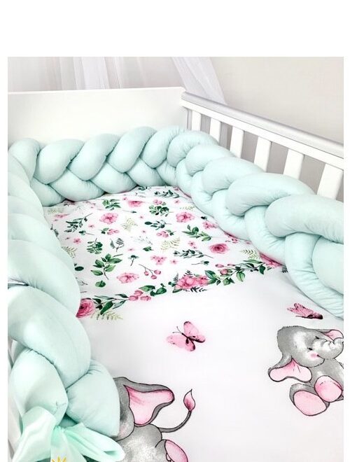 Set 3 piese lenjerie de pat elefant și protecție verde mentă
