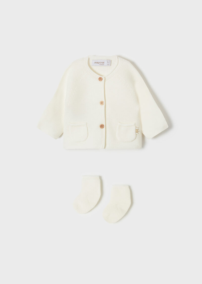 Cardigan lung și șosete ivory din tricot ECOFRIENDS new born fetițe Mayoral - imagine 3