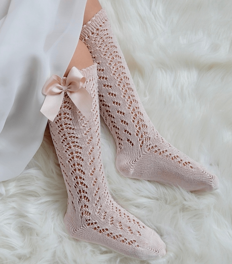Sosete inalte cu funda din satin,nude ,Condor